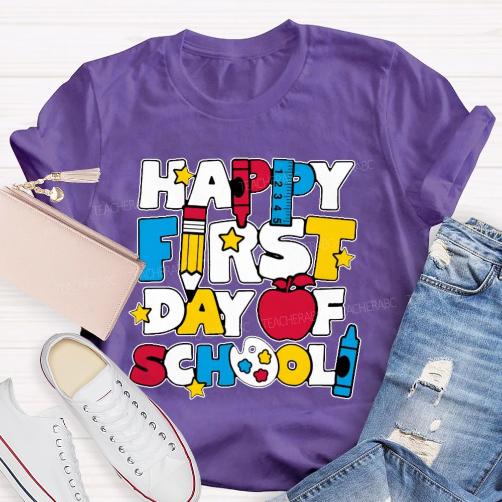 Happy First Day Of School Stars Shapes Teacher T-shirt