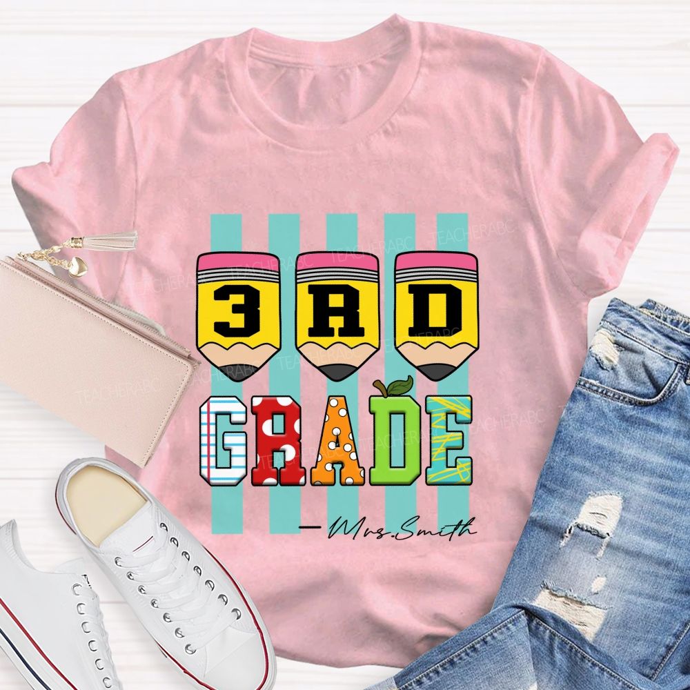 Personalized Grade Strip Printed Pencil Teacher T-Shirt
