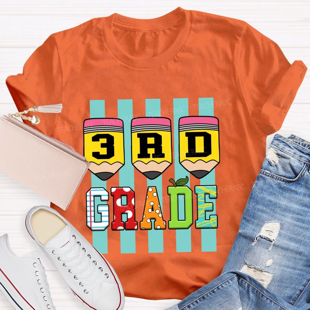 Personalized Grade Strip Printed Pencil Teacher T-Shirt