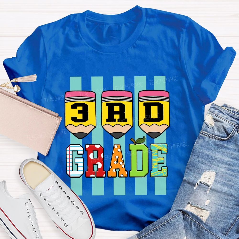 Personalized Grade Strip Printed Pencil Teacher T-Shirt