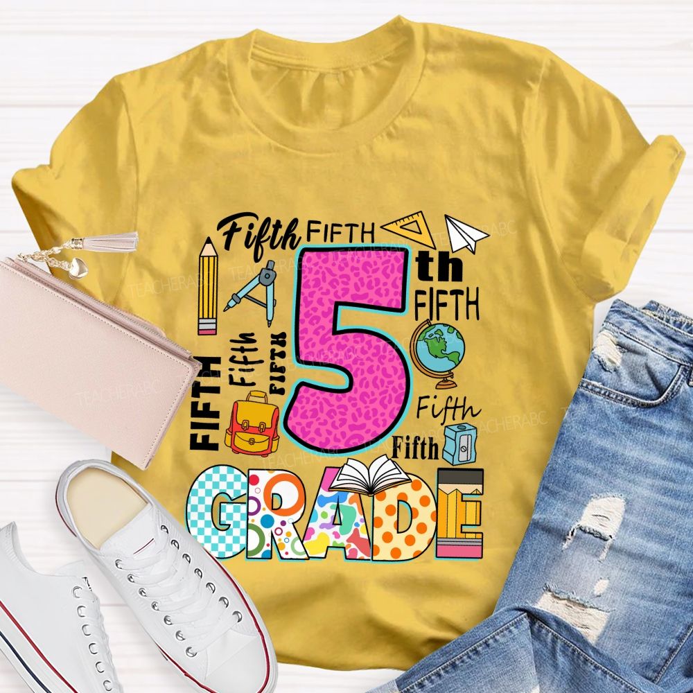 Personalized Grade Pink Leopard Checkerboard Pattern Teacher T-Shirt