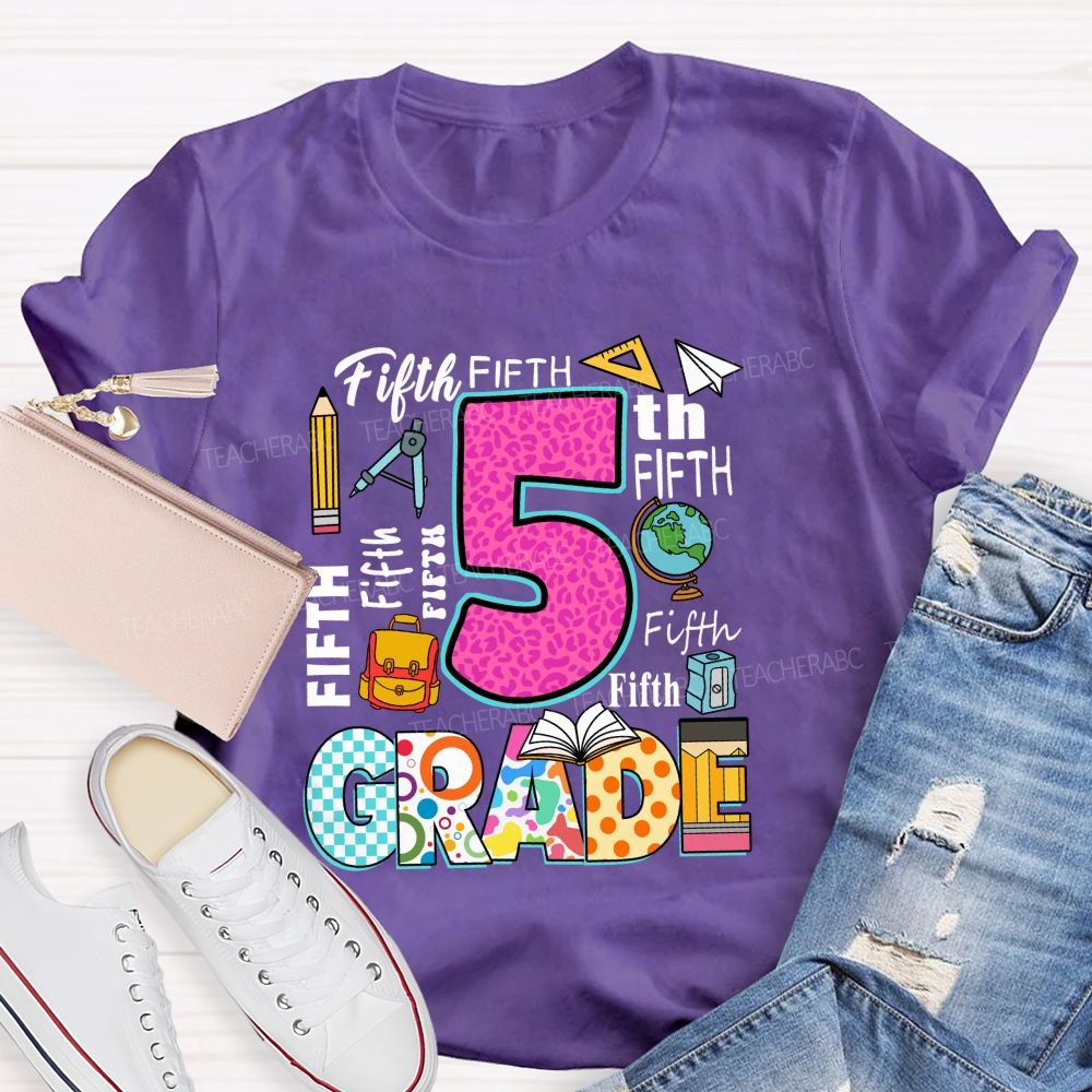 Personalized Grade Pink Leopard Checkerboard Pattern Teacher T-Shirt
