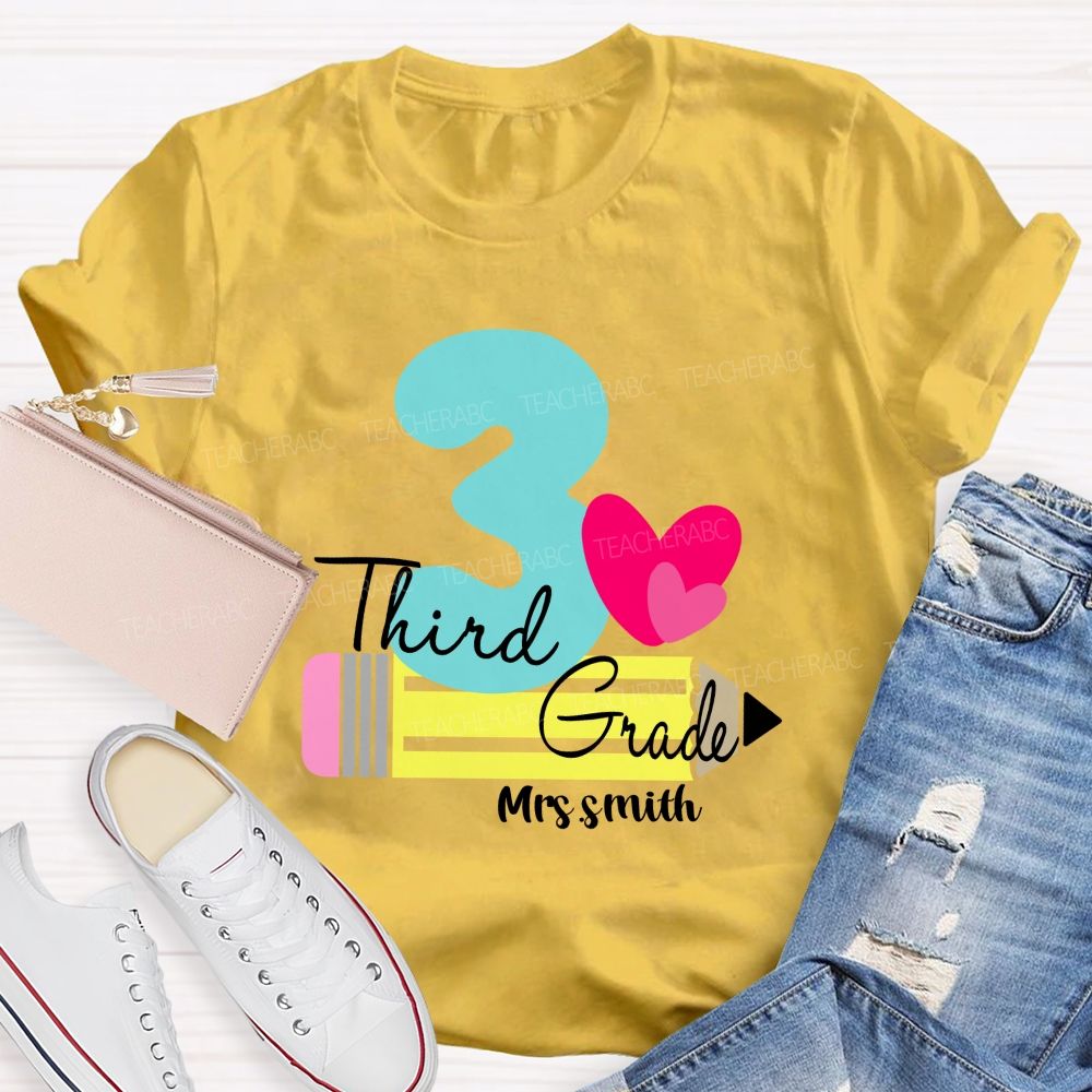 Personalized Grade And Name Pencil Pink Heart Teacher T-Shirt