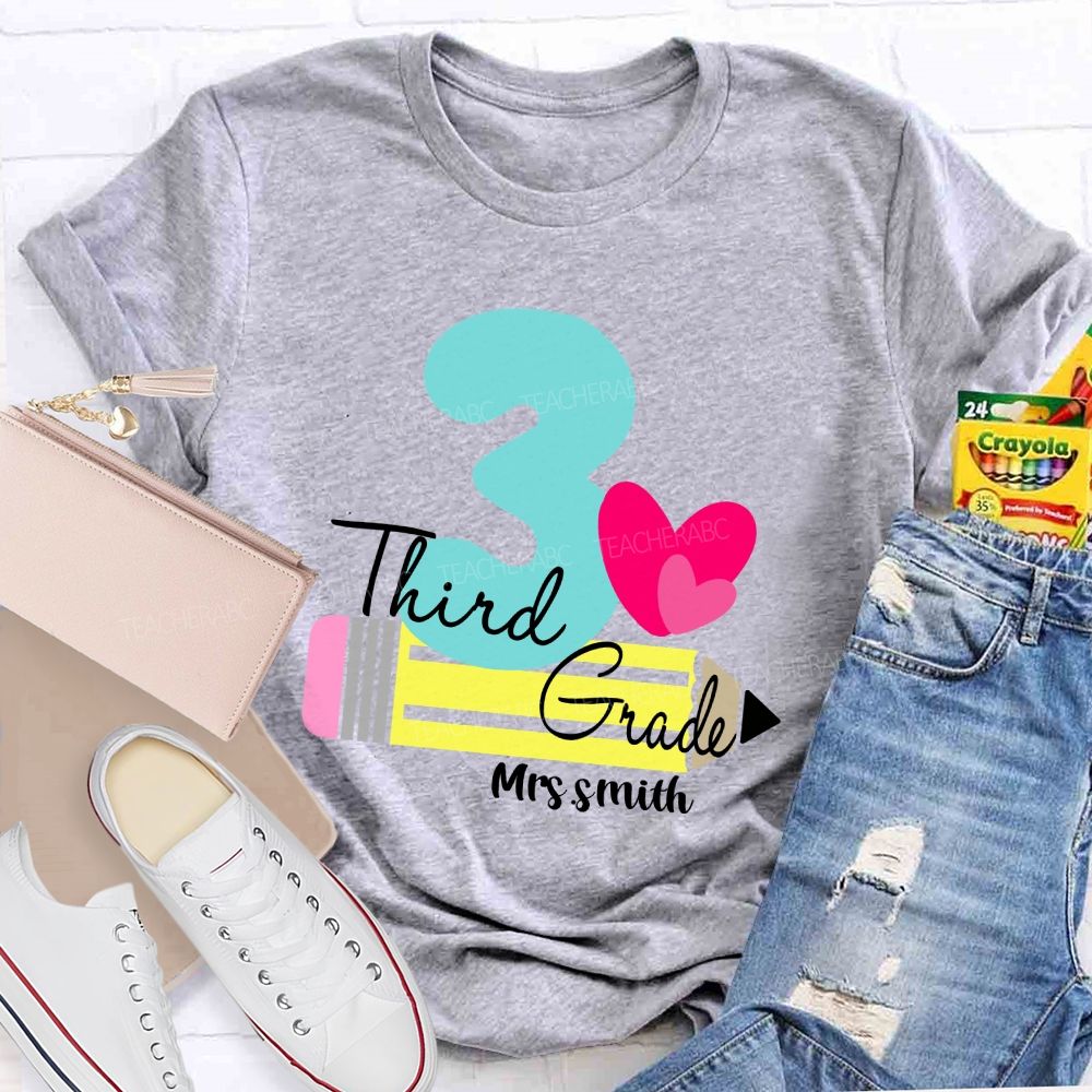 Personalized Grade And Name Pencil Pink Heart Teacher T-Shirt