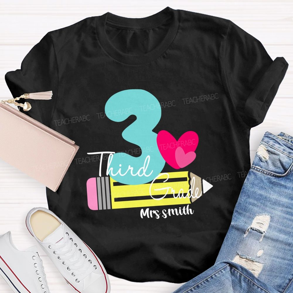 Personalized Grade And Name Pencil Pink Heart Teacher T-Shirt