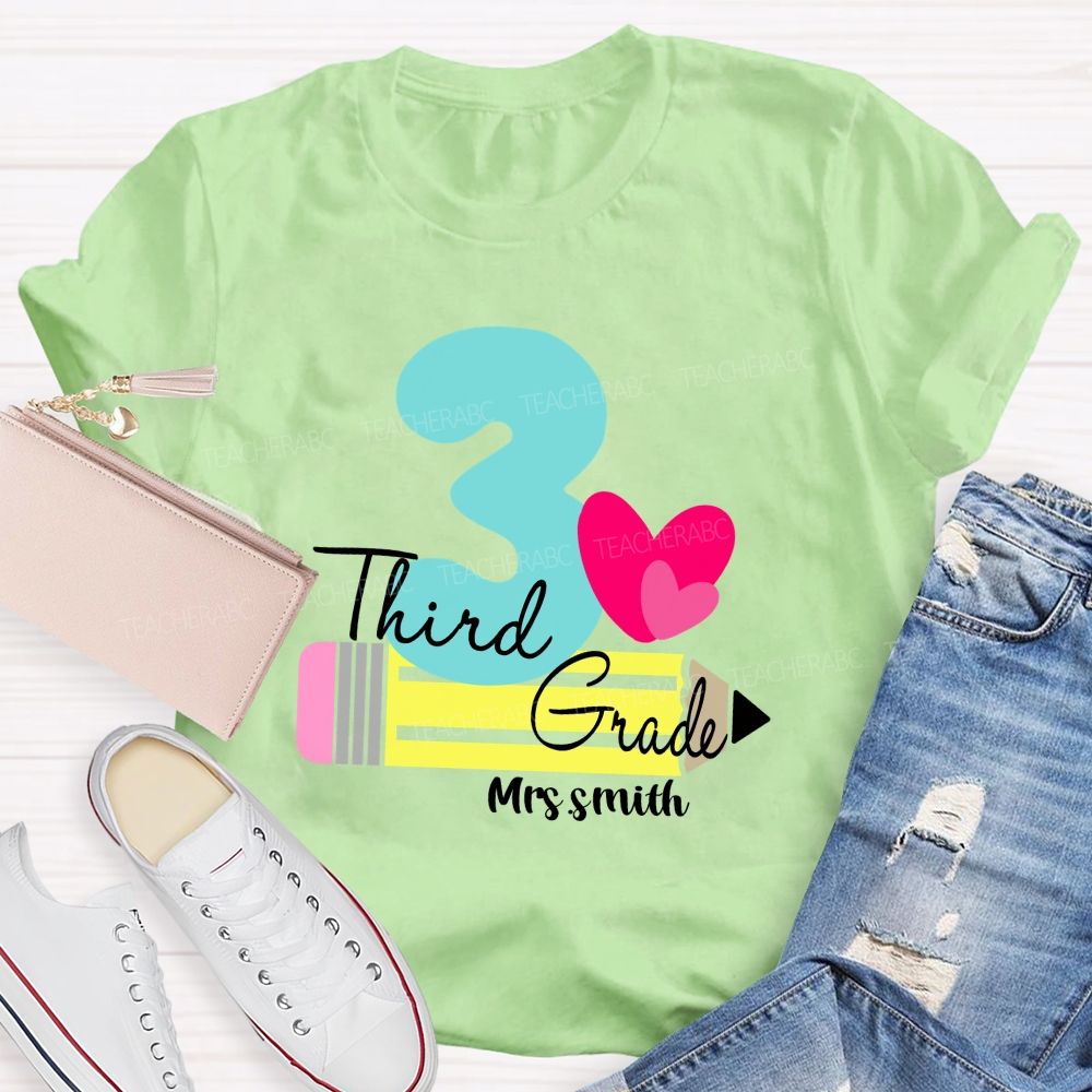 Personalized Grade And Name Pencil Pink Heart Teacher T-Shirt