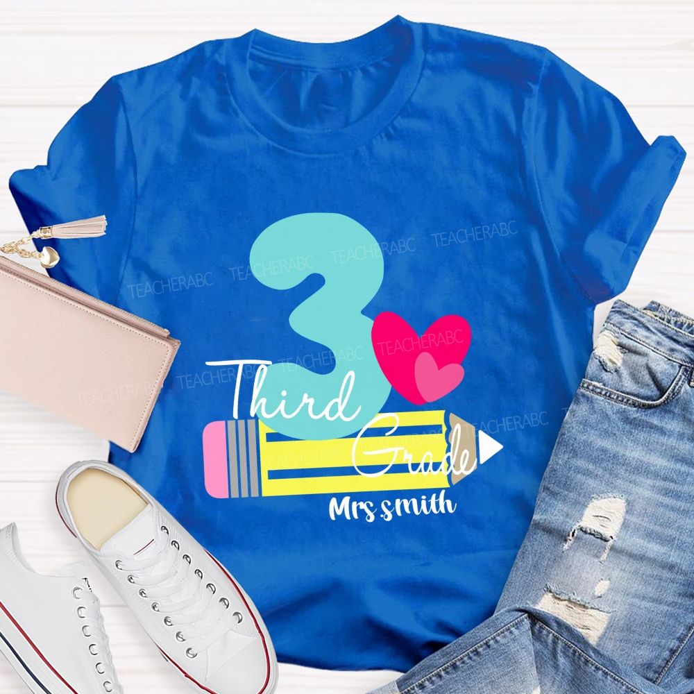 Personalized Grade And Name Pencil Pink Heart Teacher T-Shirt