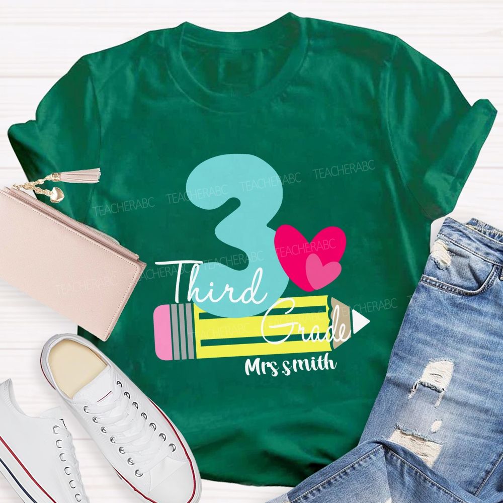Personalized Grade And Name Pencil Pink Heart Teacher T-Shirt
