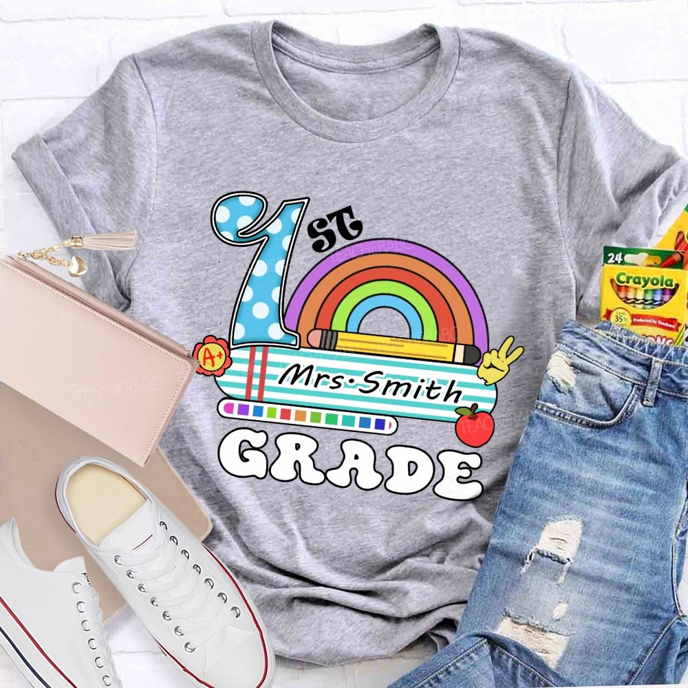 Personalized Grade And Name Rainbow Blue Checkered Print Teacher T-Shirt