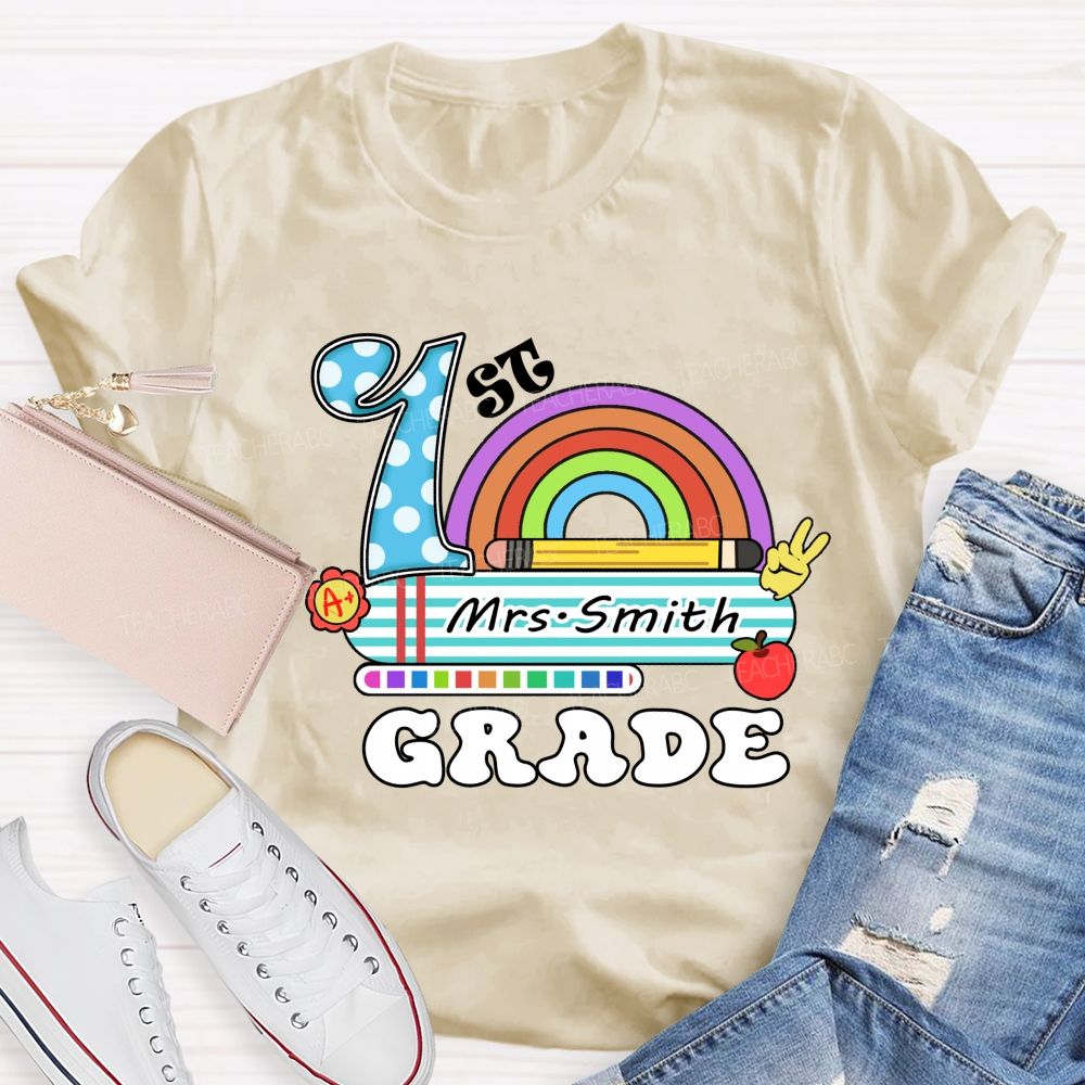Personalized Grade And Name Rainbow Blue Checkered Print Teacher T-Shirt
