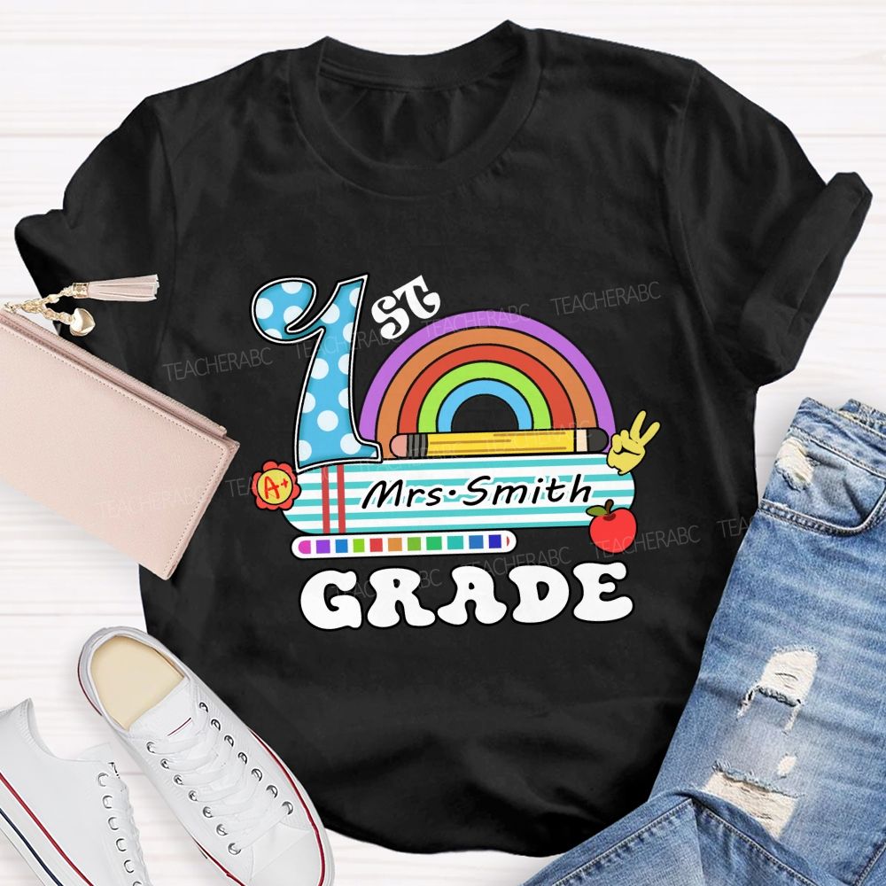 Personalized Grade And Name Rainbow Blue Checkered Print Teacher T-Shirt