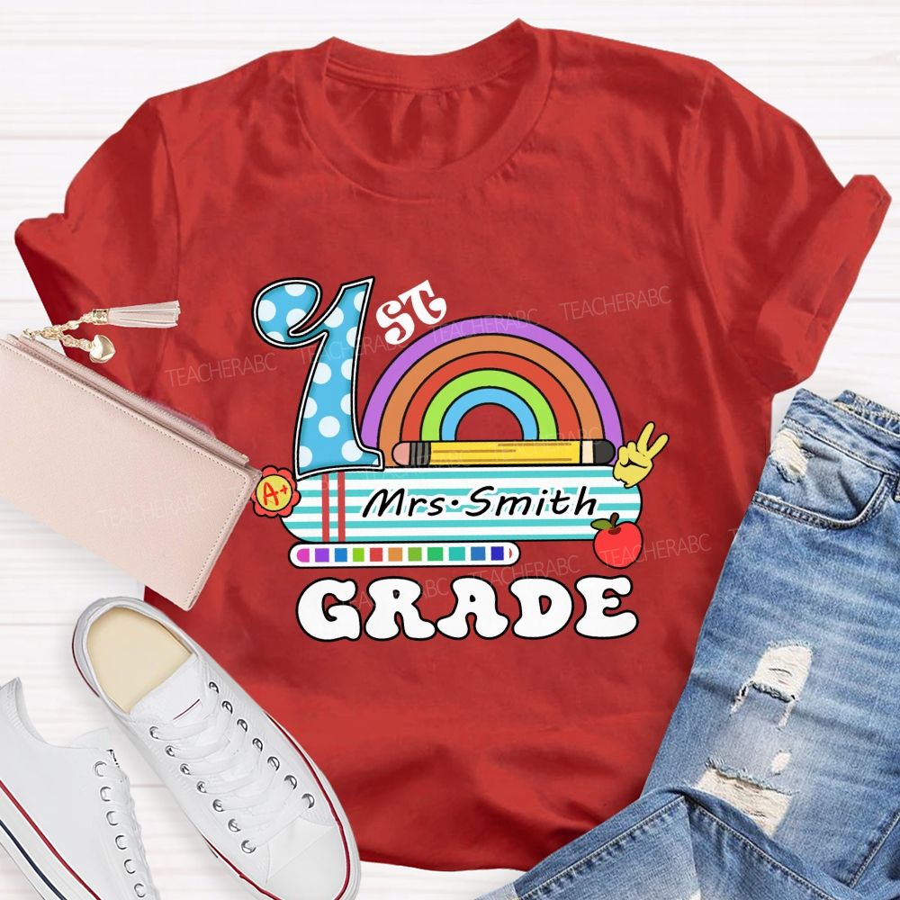 Personalized Grade And Name Rainbow Blue Checkered Print Teacher T-Shirt