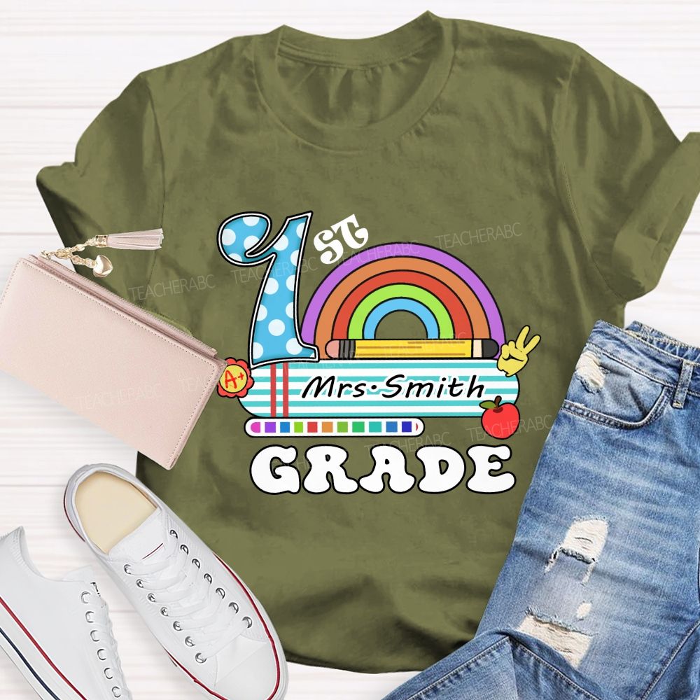 Personalized Grade And Name Rainbow Blue Checkered Print Teacher T-Shirt