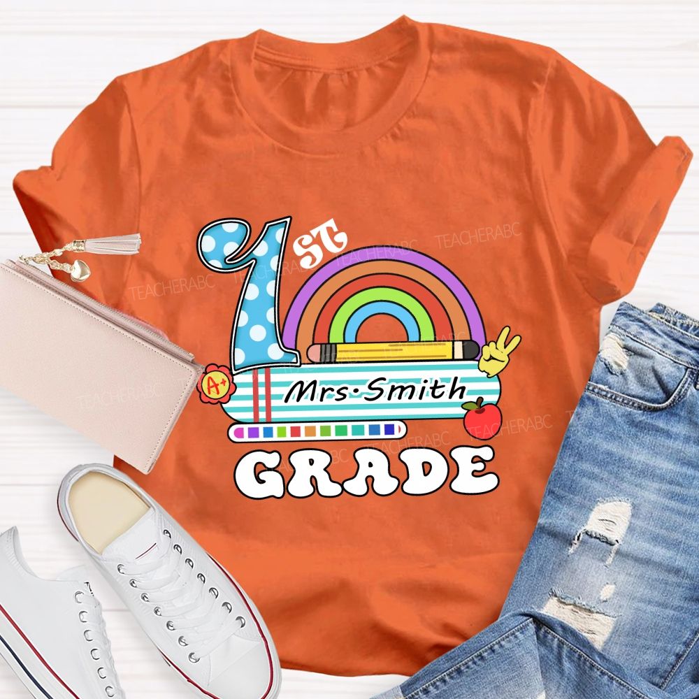 Personalized Grade And Name Rainbow Blue Checkered Print Teacher T-Shirt