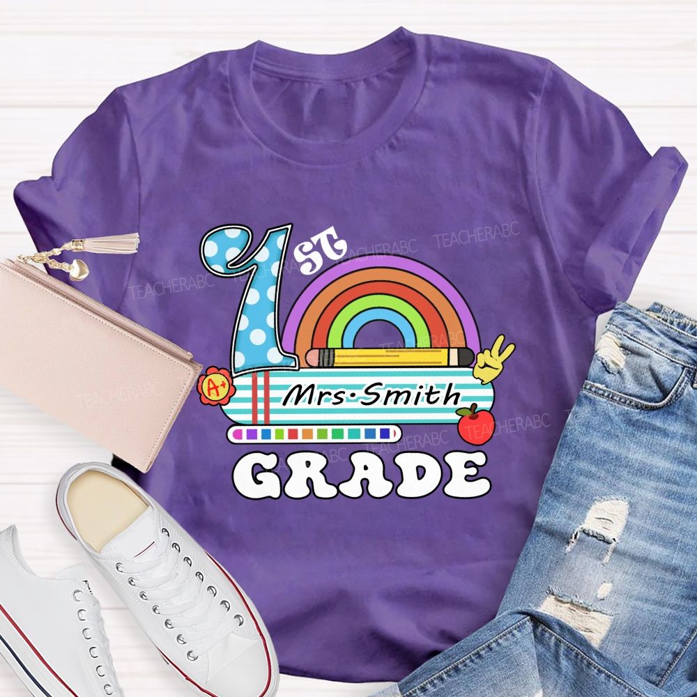 Personalized Grade And Name Rainbow Blue Checkered Print Teacher T-Shirt
