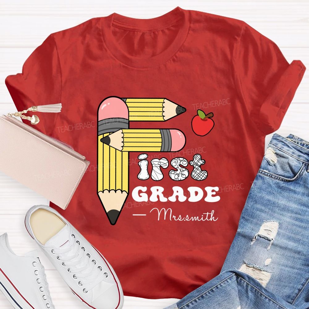 Personalized Grade And Name Pencil Printed Apple Teacher T-Shirt