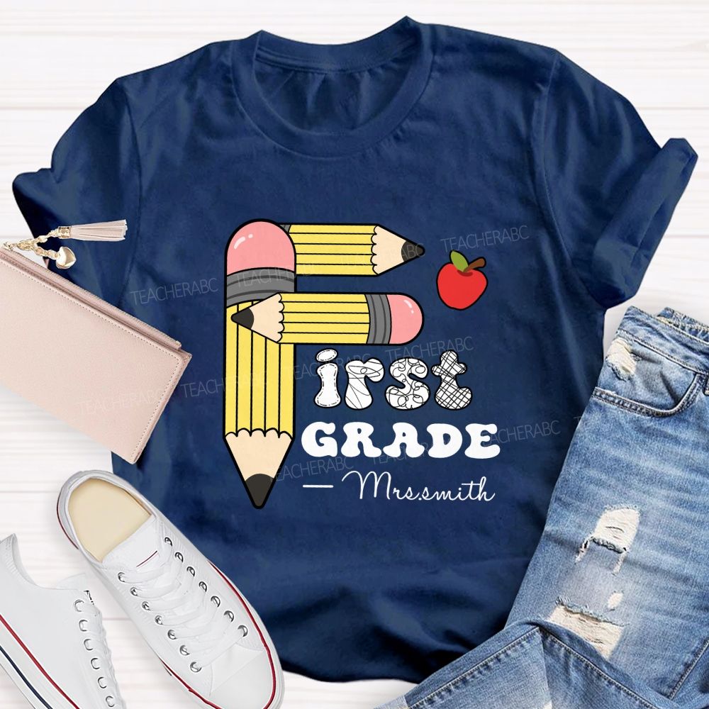 Personalized Grade And Name Pencil Printed Apple Teacher T-Shirt