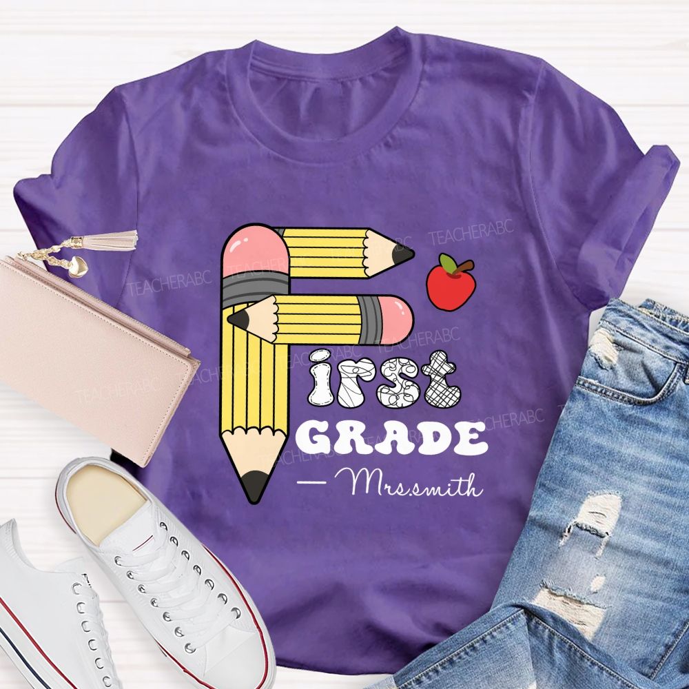 Personalized Grade And Name Pencil Printed Apple Teacher T-Shirt