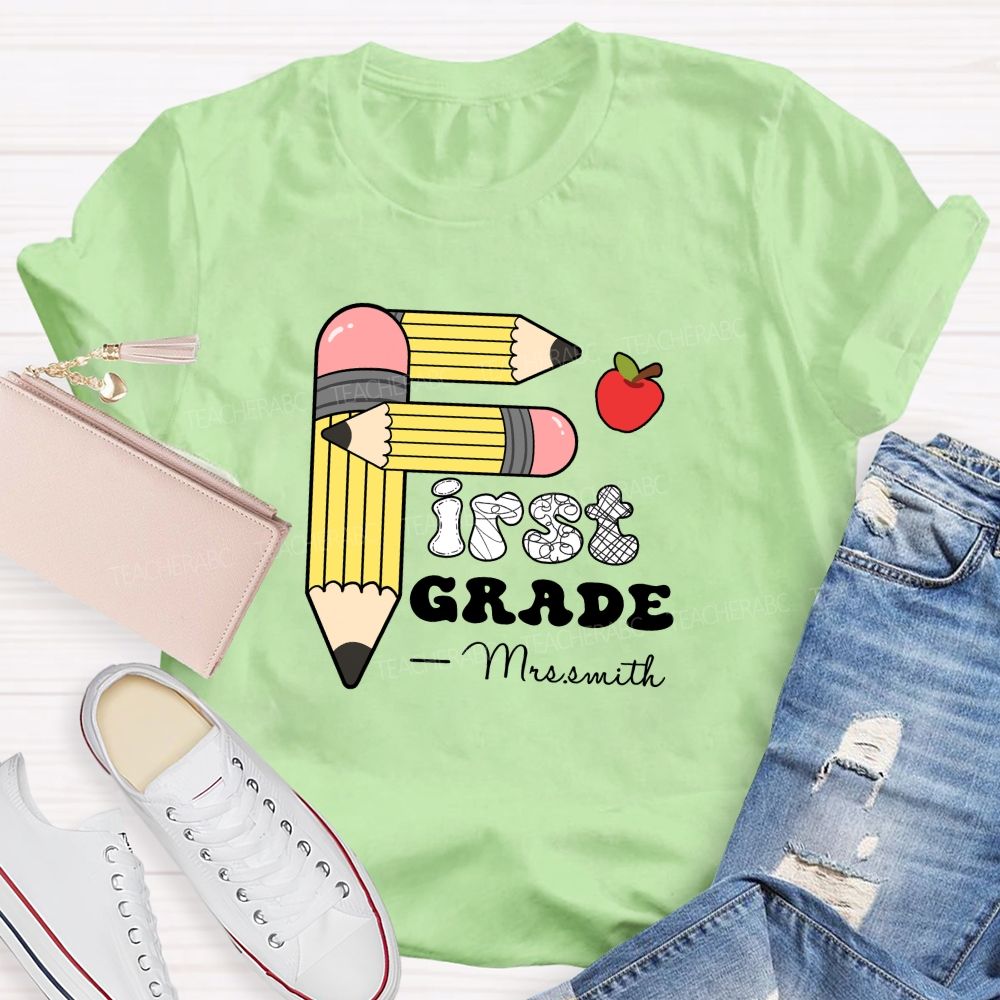Personalized Grade And Name Pencil Printed Apple Teacher T-Shirt