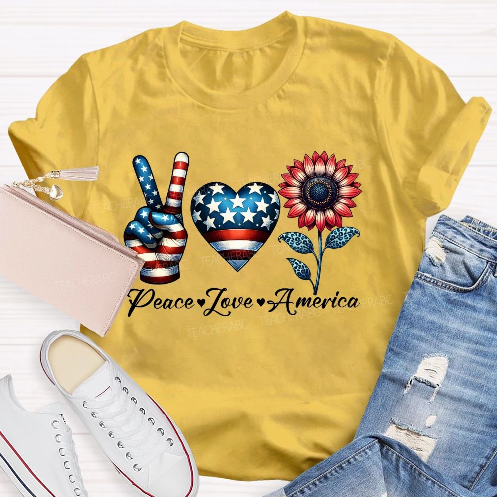Peace Love America Patriotic Peace Hand Heart Sunflower T-shirt
