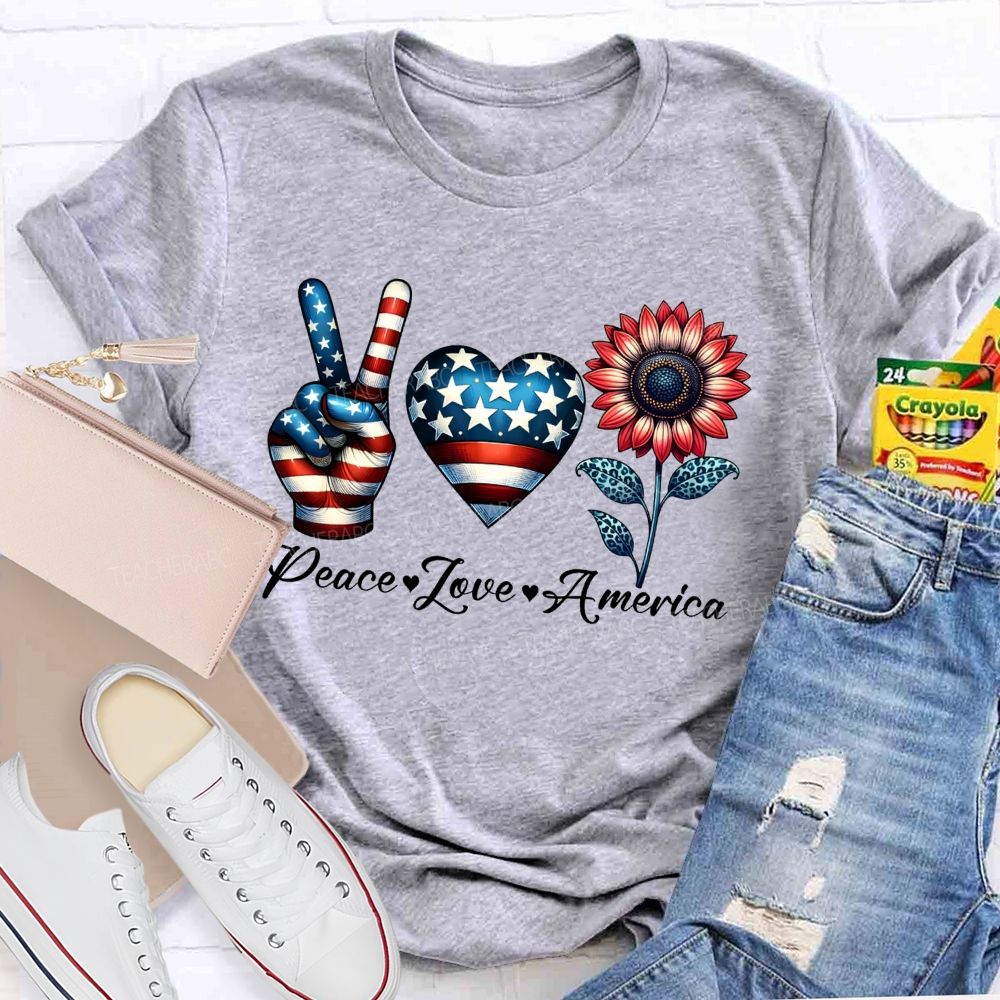 Peace Love America Patriotic Peace Hand Heart Sunflower T-shirt