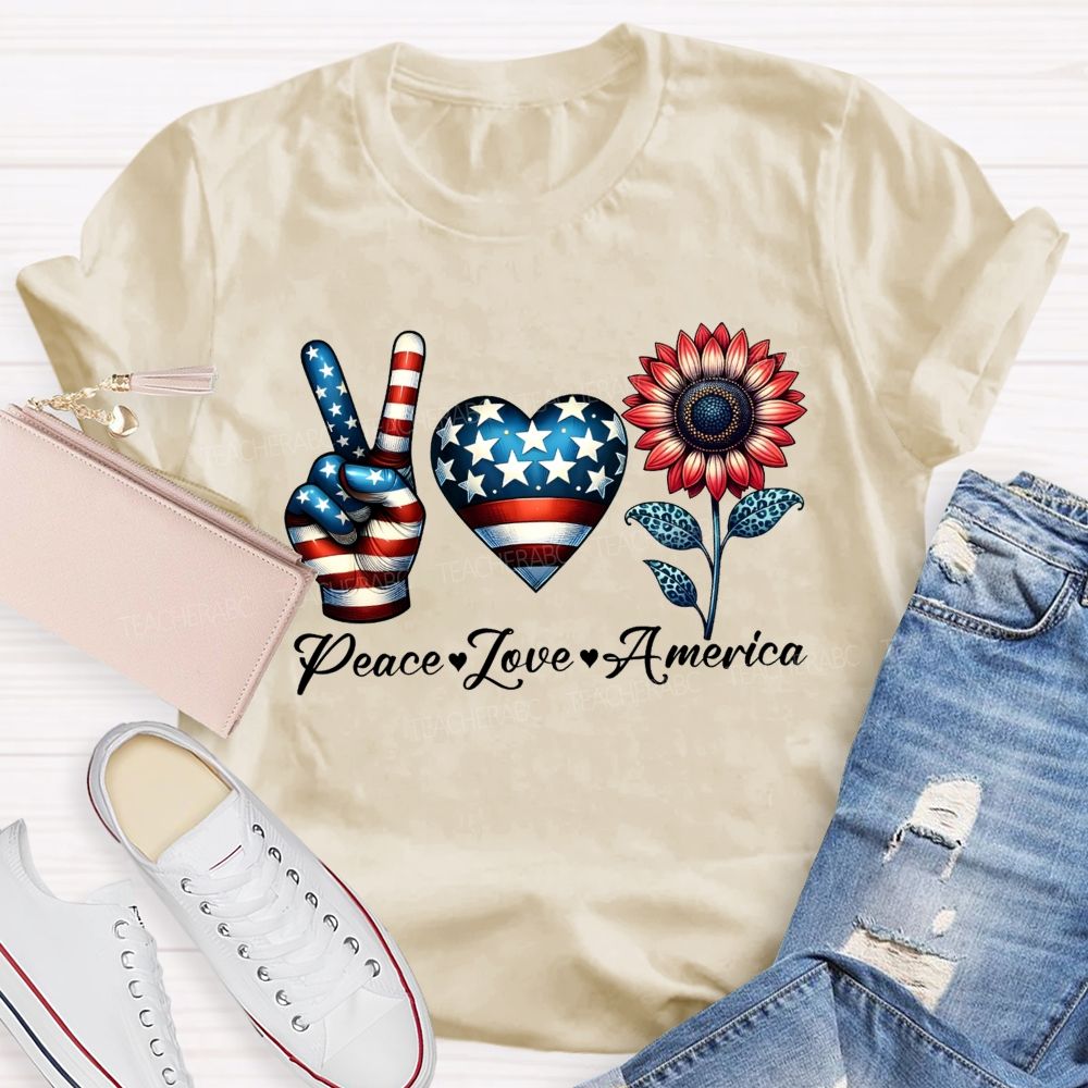 Peace Love America Patriotic Peace Hand Heart Sunflower T-shirt