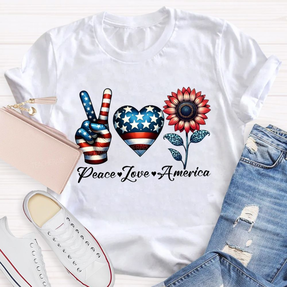Peace Love America Patriotic Peace Hand Heart Sunflower T-shirt
