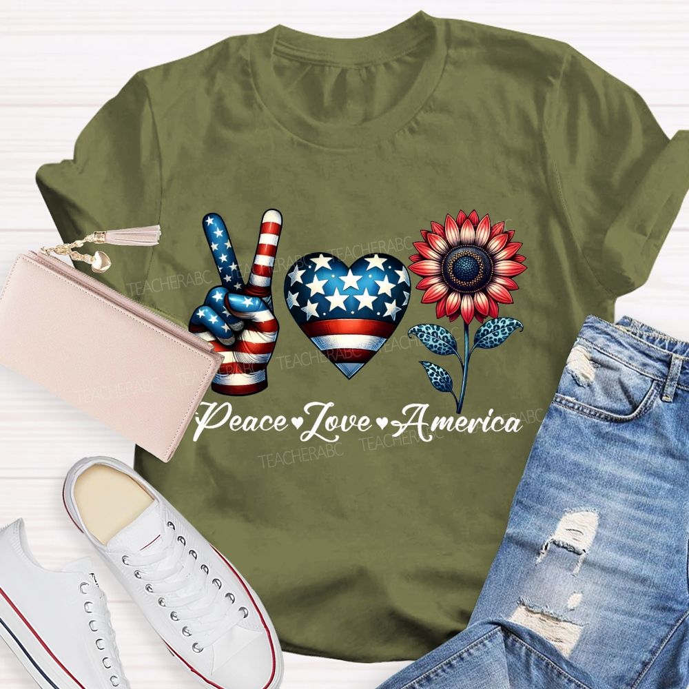 Peace Love America Patriotic Peace Hand Heart Sunflower T-shirt