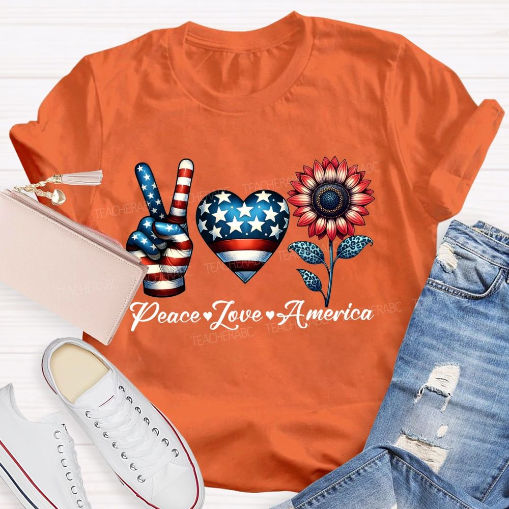 Peace Love America Patriotic Peace Hand Heart Sunflower T-shirt