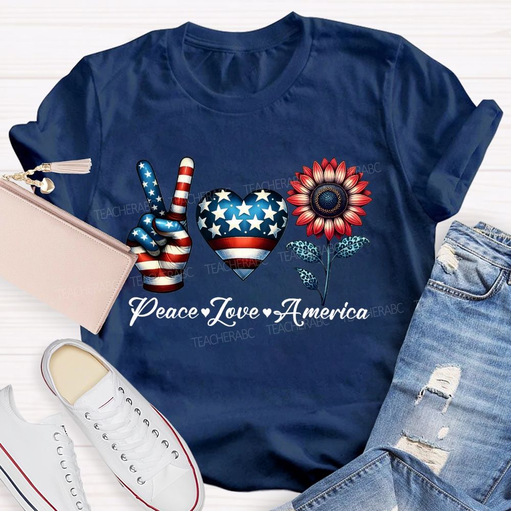 Peace Love America Patriotic Peace Hand Heart Sunflower T-shirt
