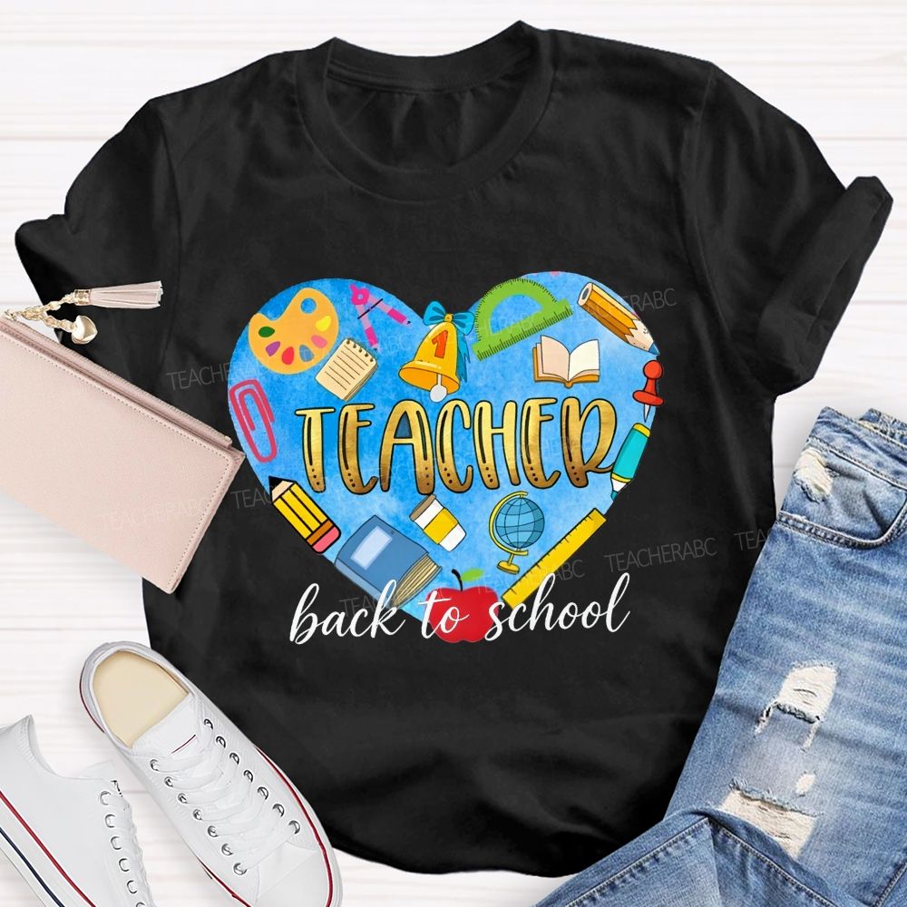 Back To School Teacher Heart School Supplies Graphic Teacher T-shirt