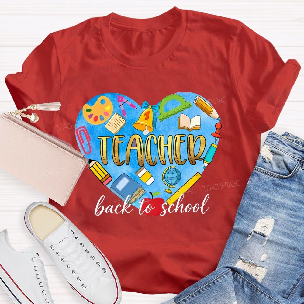 Back To School Teacher Heart School Supplies Graphic Teacher T-shirt
