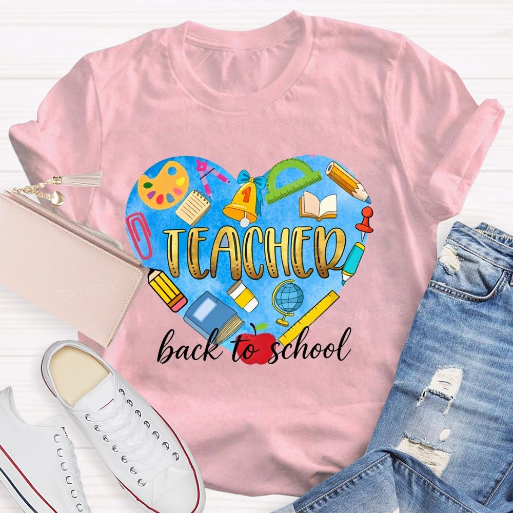 Back To School Teacher Heart School Supplies Graphic Teacher T-shirt