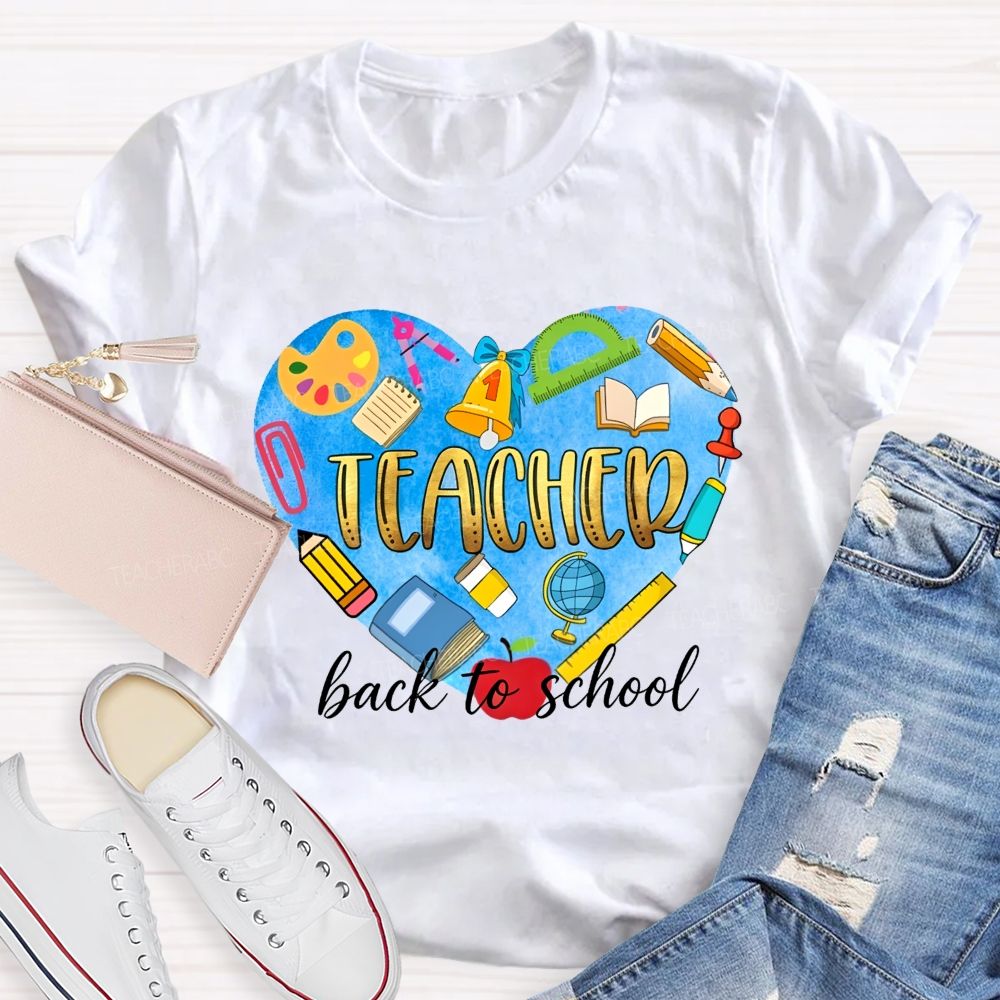 Back To School Teacher Heart School Supplies Graphic Teacher T-shirt
