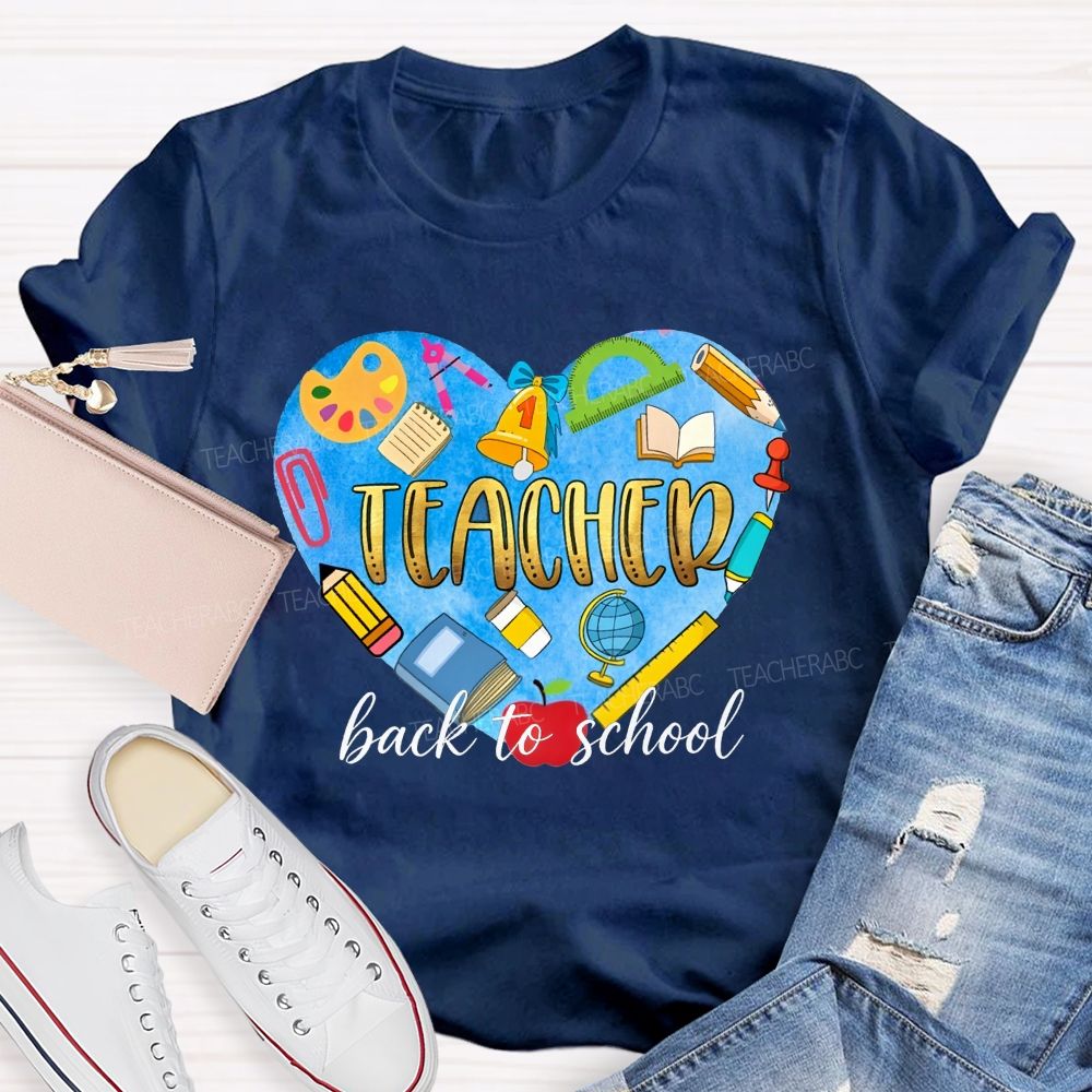 Back To School Teacher Heart School Supplies Graphic Teacher T-shirt
