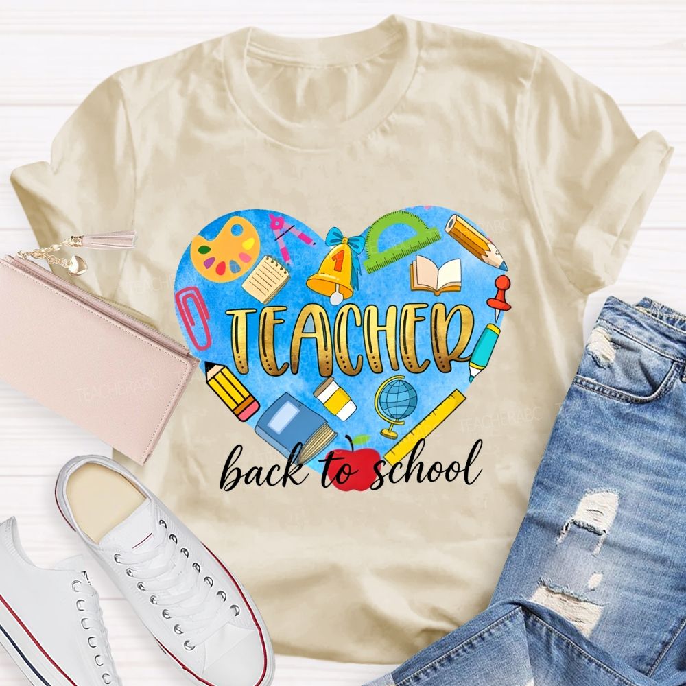 Back To School Teacher Heart School Supplies Graphic Teacher T-shirt