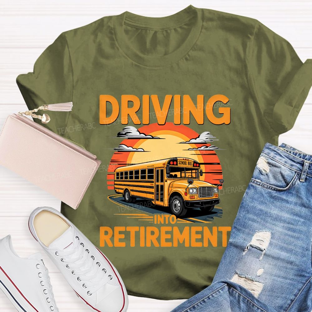 Driving Into Retirement Vintage Sunset School Bus T-shirt