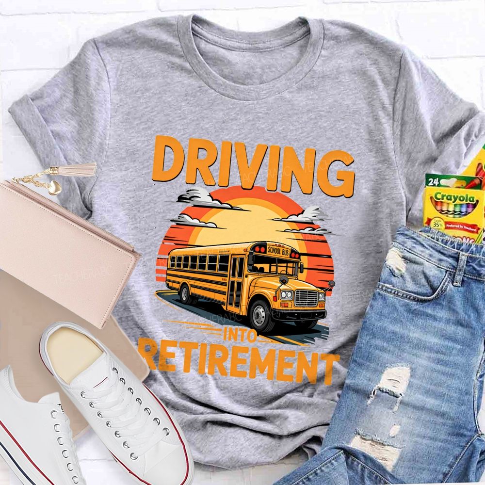 Driving Into Retirement Vintage Sunset School Bus T-shirt