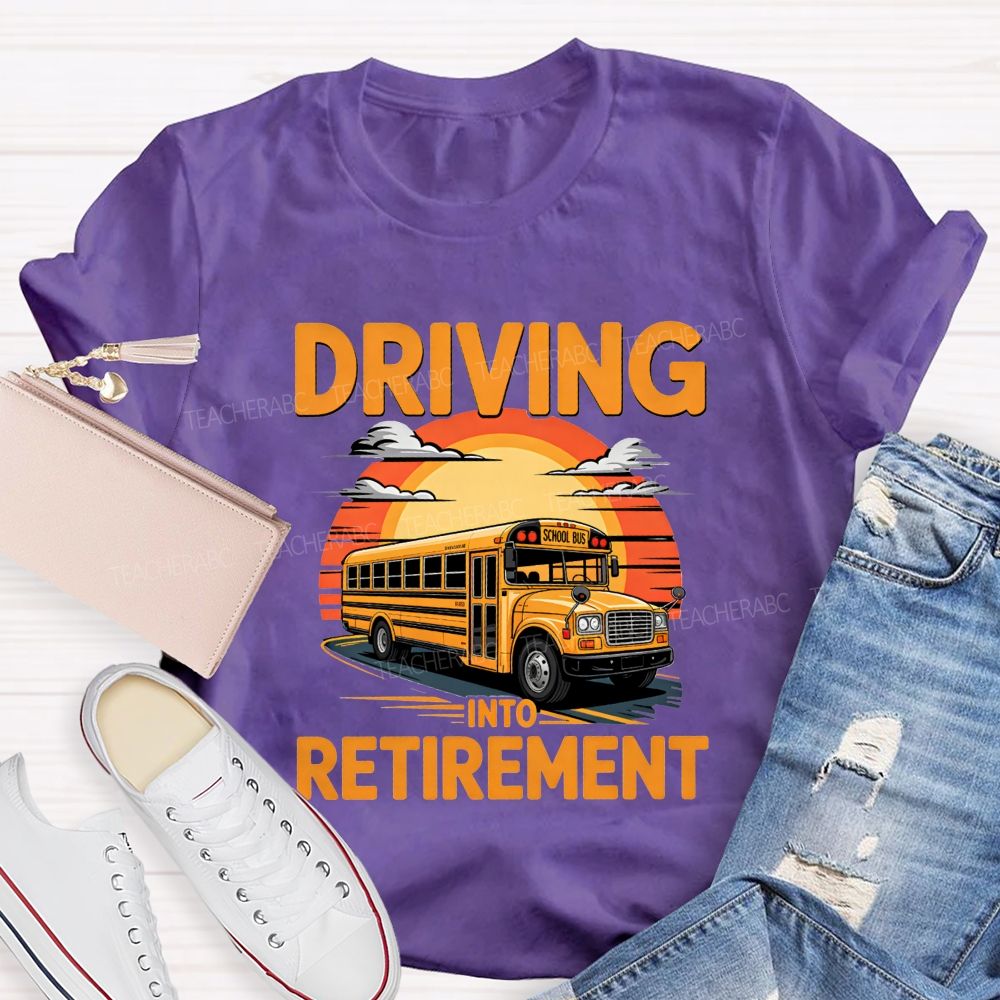 Driving Into Retirement Vintage Sunset School Bus T-shirt