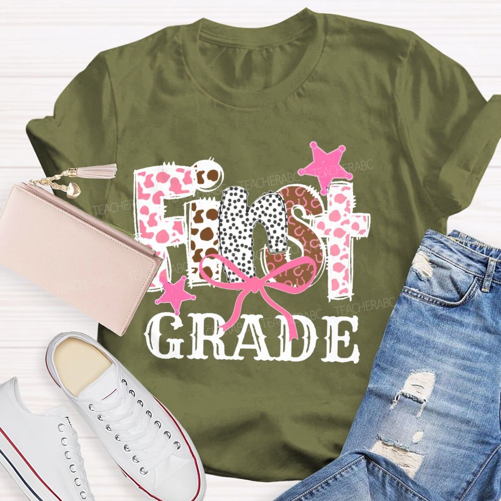 Personalized Grade First Grade Pink Leopard Print Letters Teacher T-shirt