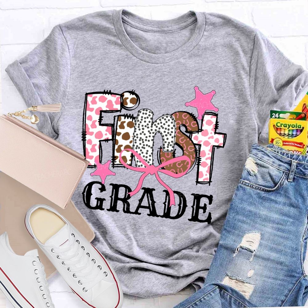 Personalized Grade First Grade Pink Leopard Print Letters Teacher T-shirt