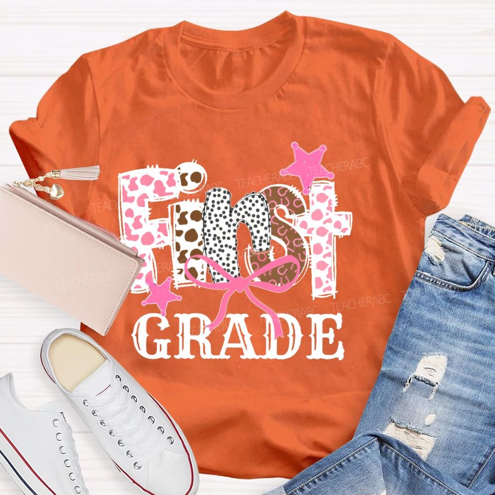 Personalized Grade First Grade Pink Leopard Print Letters Teacher T-shirt