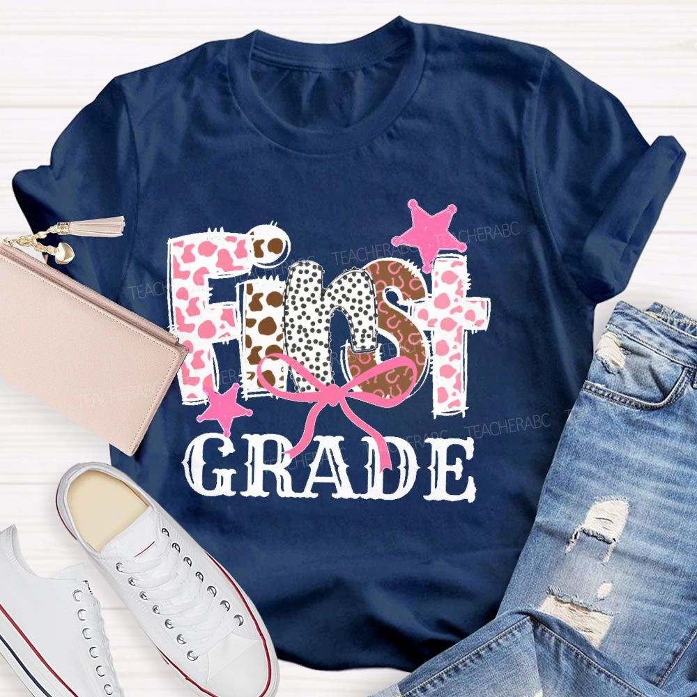Personalized Grade First Grade Pink Leopard Print Letters Teacher T-shirt