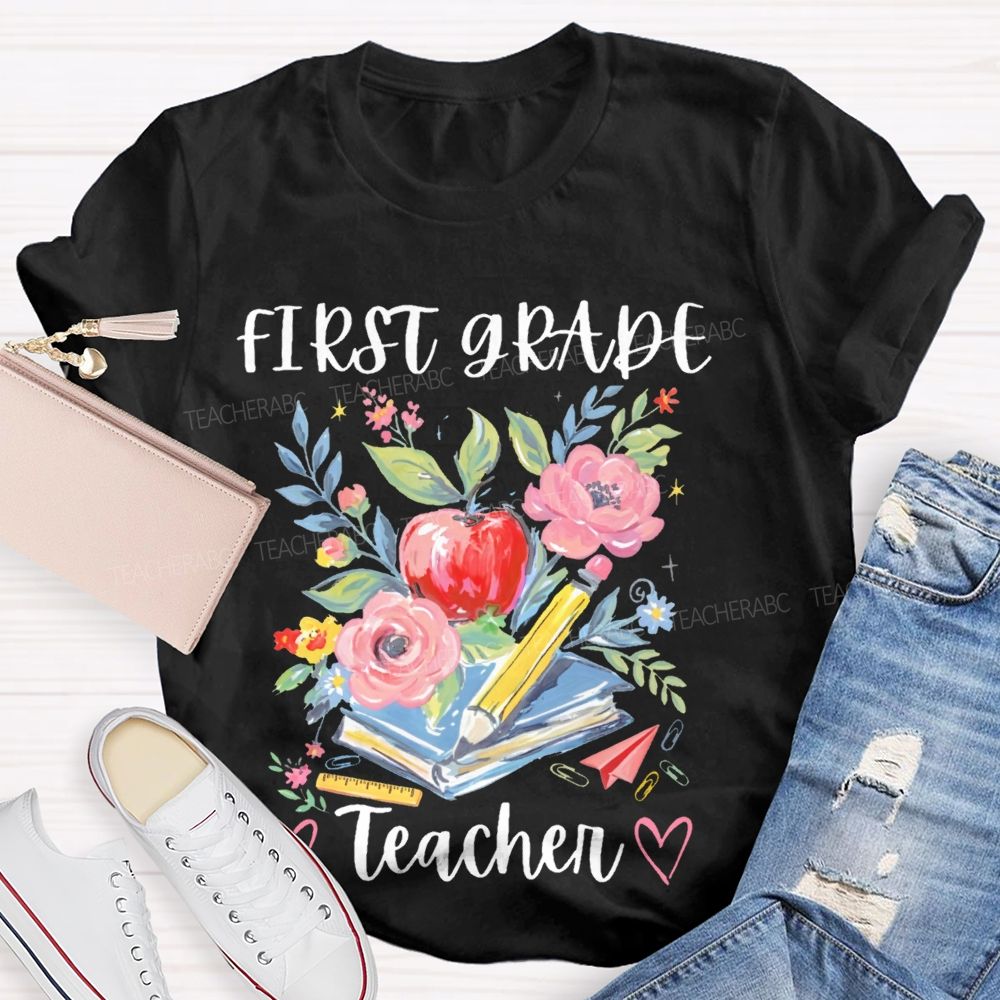 Personalized Grade First Grade Teacher Flowers Graphics Teacher T-shirt
