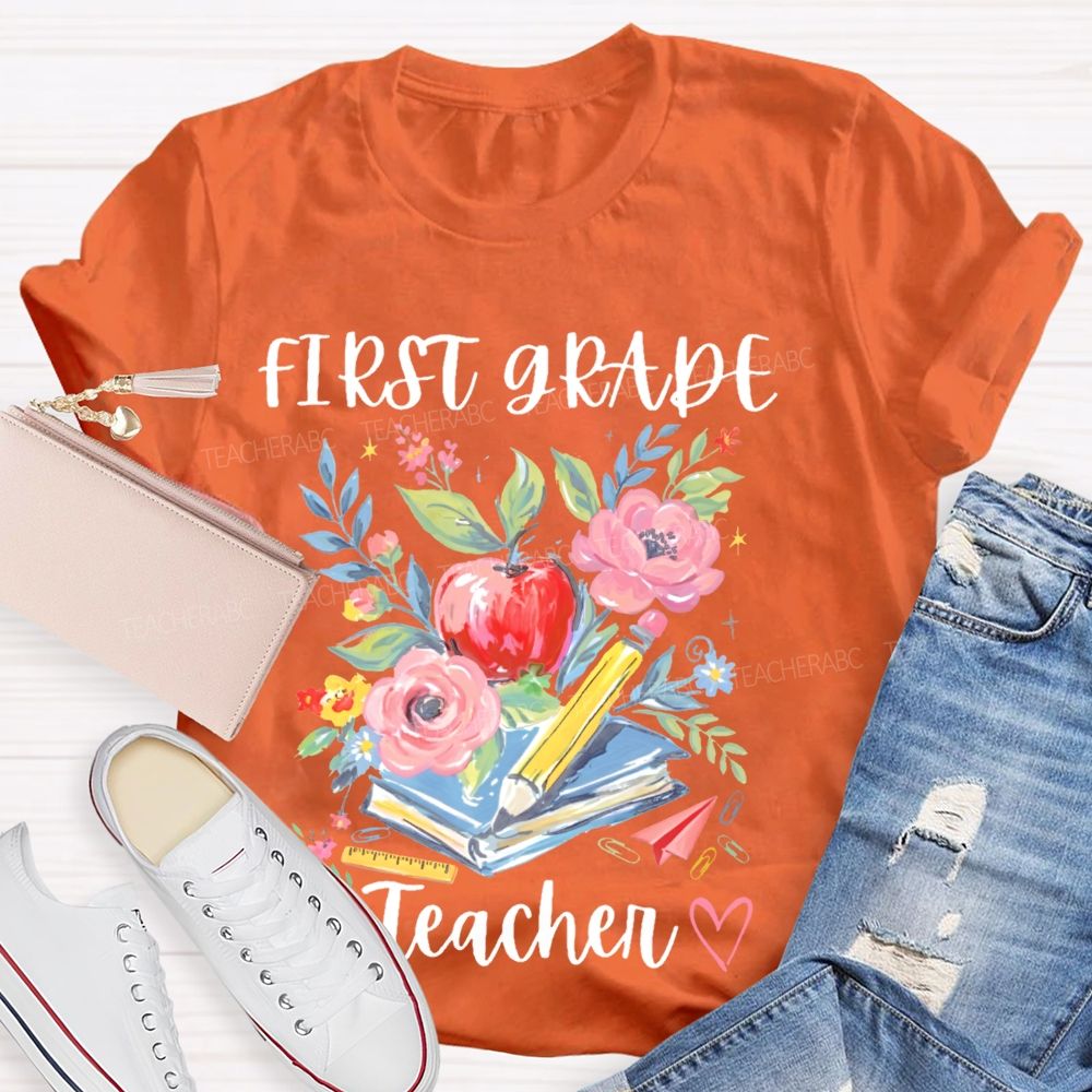 Personalized Grade First Grade Teacher Flowers Graphics Teacher T-shirt