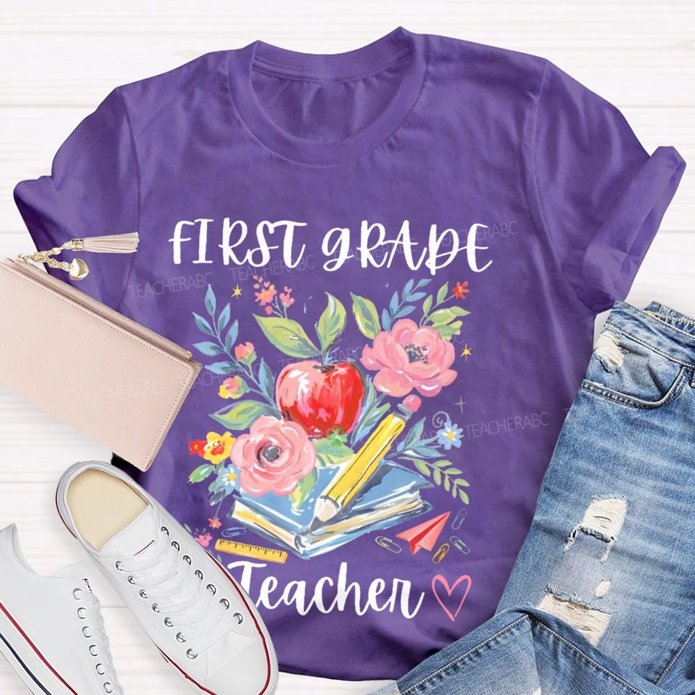 Personalized Grade First Grade Teacher Flowers Graphics Teacher T-shirt