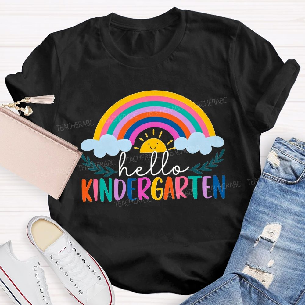 Personalized Grade Hello Kindergarten Cute Rainbow Sun Cloud Teacher T-shirt