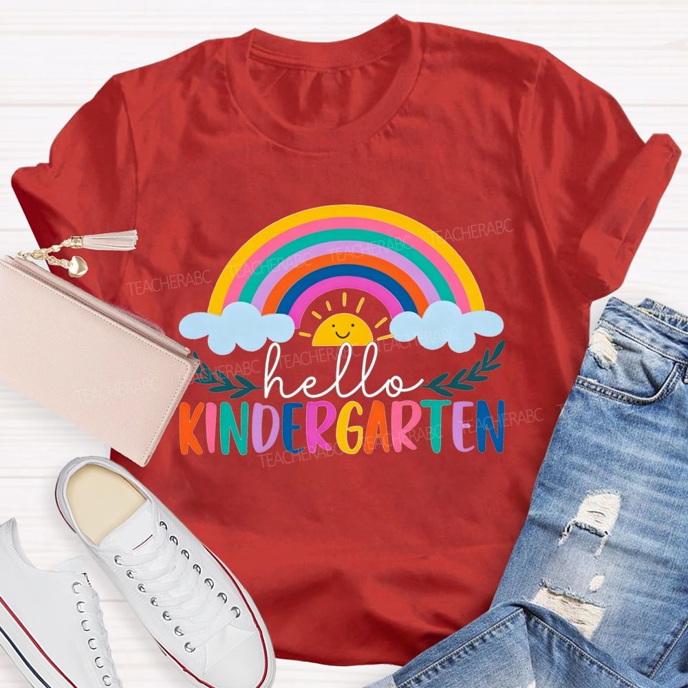 Personalized Grade Hello Kindergarten Cute Rainbow Sun Cloud Teacher T-shirt