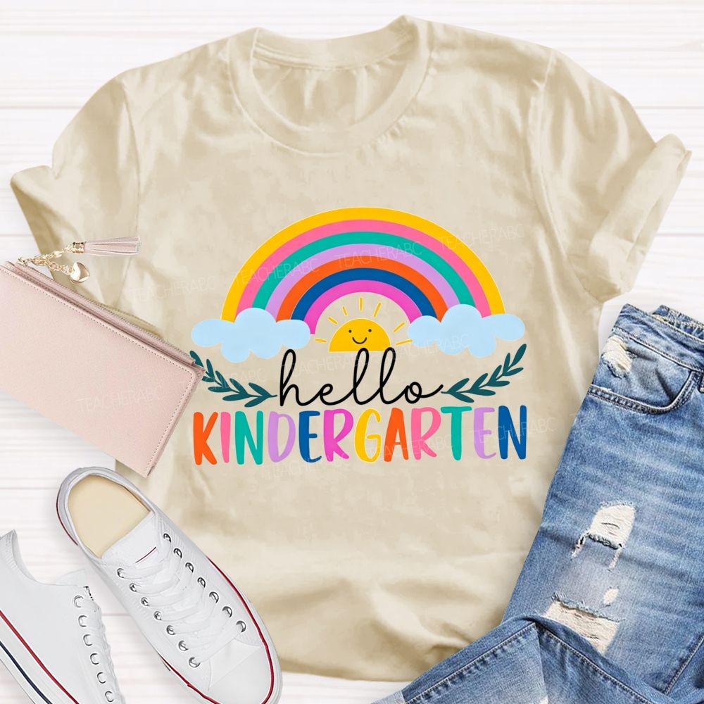 Personalized Grade Hello Kindergarten Cute Rainbow Sun Cloud Teacher T-shirt