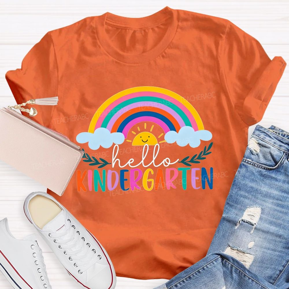 Personalized Grade Hello Kindergarten Cute Rainbow Sun Cloud Teacher T-shirt